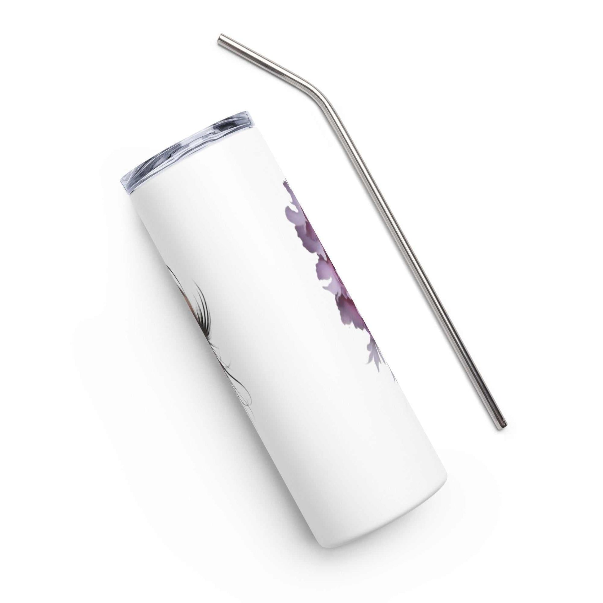 White 20oz stainless steel tumbler with floral face art and metal straw