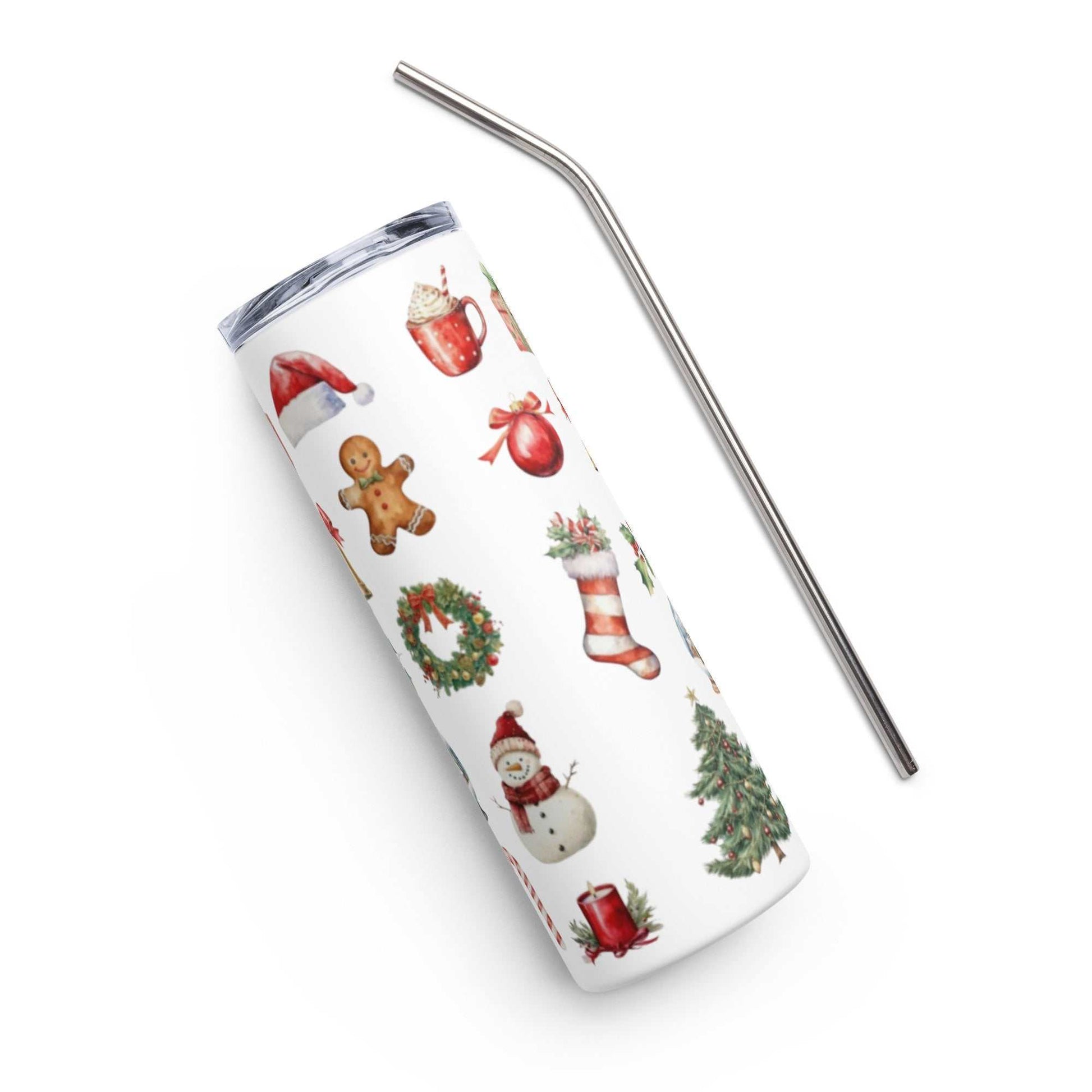 20oz stainless steel tumbler with Christmas holiday icons and reusable metal straw