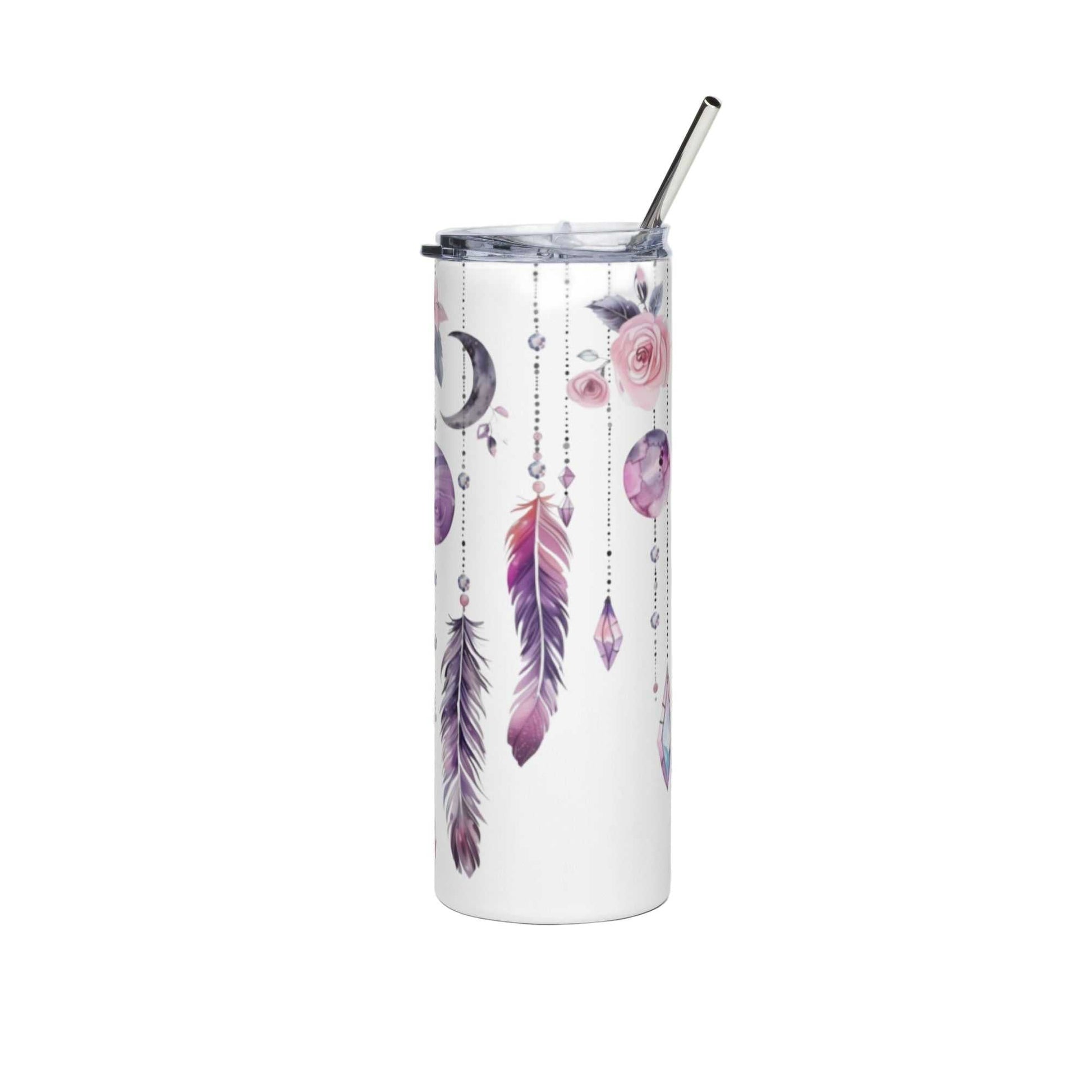 Stainless steel tumbler with dreamcatcher and feather design, includes clear lid and reusable straw, keeps drinks hot or cold.