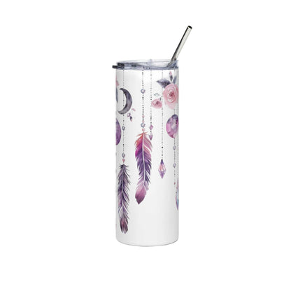 Stainless steel tumbler with dreamcatcher and feather design, includes clear lid and reusable straw, keeps drinks hot or cold.
