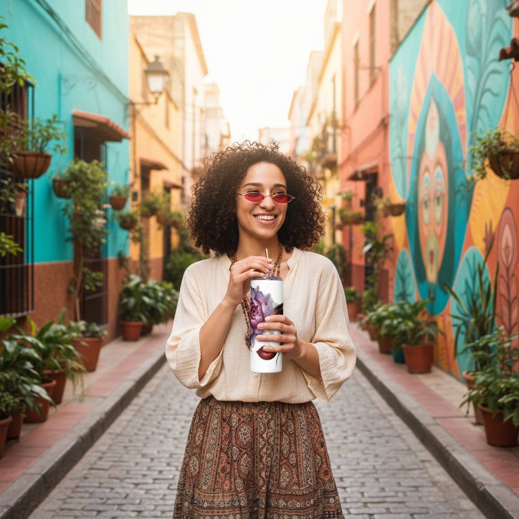 Woman holding stainless steel tumbler with floral face art in colorful street