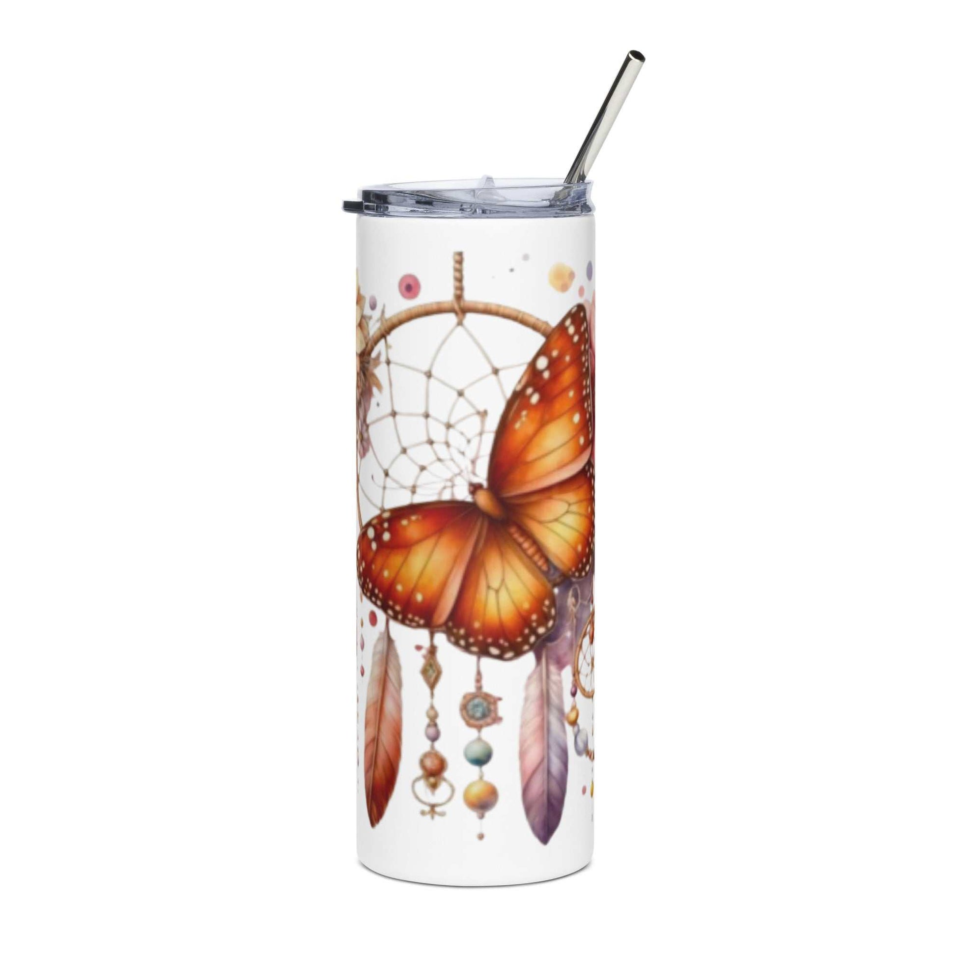 Stainless Steel Tumbler met boho vlinder dromenvanger design en herbruikbaar metalen rietje