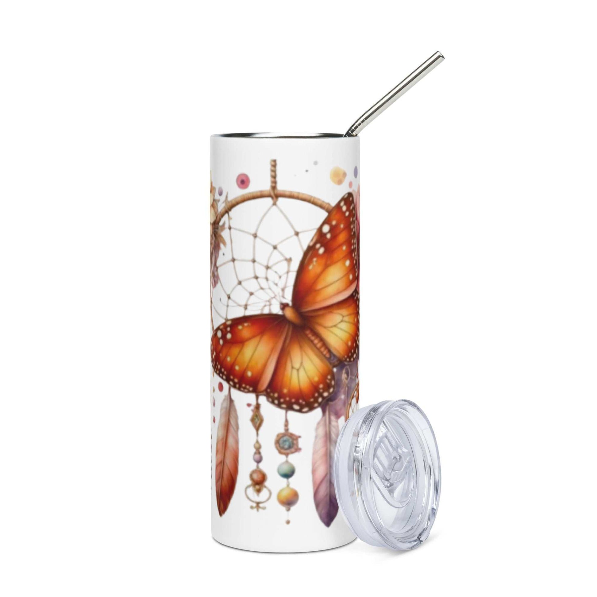 Stainless Steel Tumbler met boho vlinder en dromenvanger design, dubbelwandig, vacuüm geïsoleerd, inclusief metalen rietje en transparant deksel, 600 ml.
