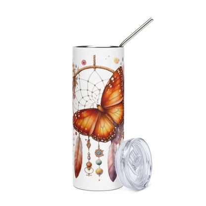 Stainless Steel Tumbler met boho vlinder en dromenvanger design, dubbelwandig, vacuüm geïsoleerd, inclusief metalen rietje en transparant deksel, 600 ml.