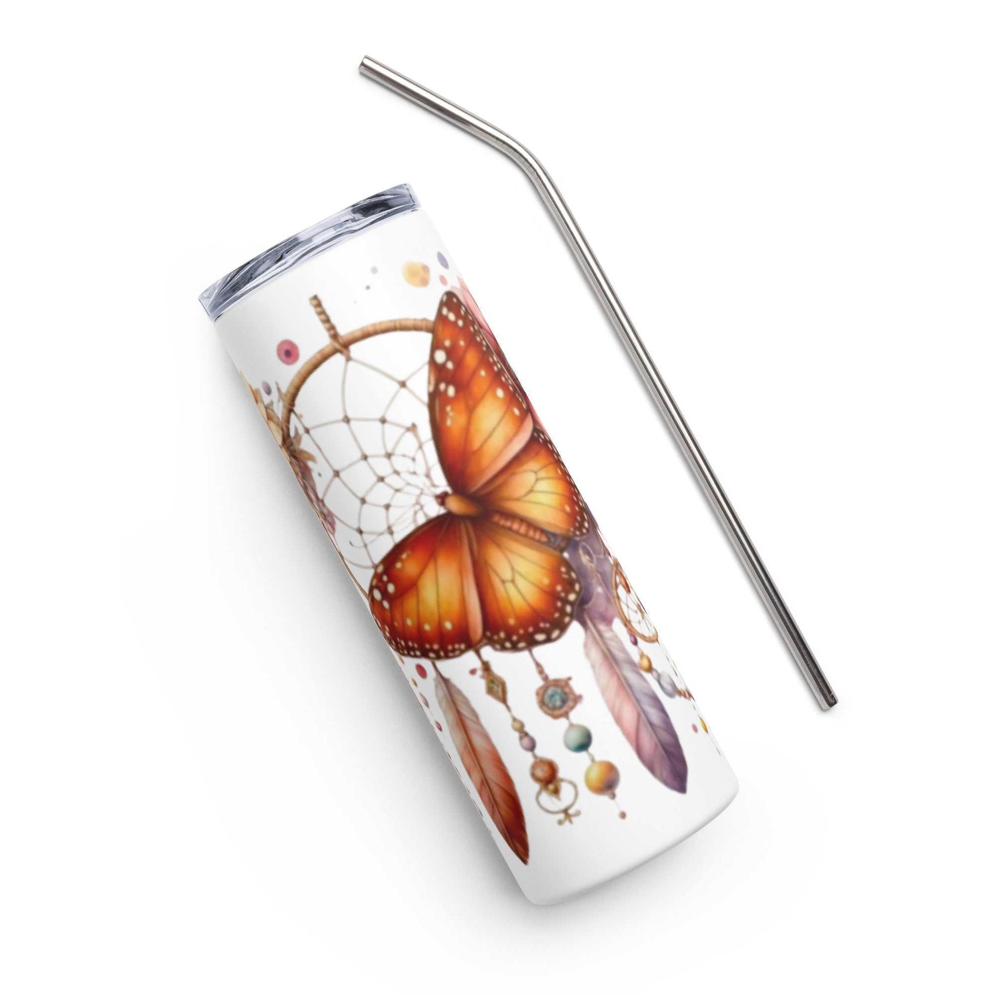 Stainless Steel Tumbler met boho vlinder dromenvanger design en metalen rietje