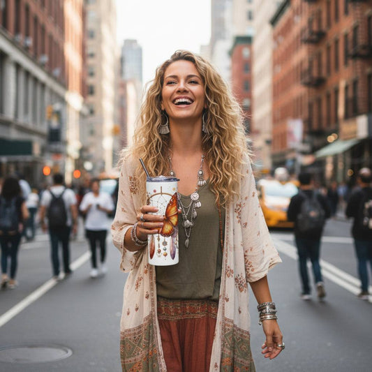 Stainless Steel Tumbler met boho vlinder dromenvanger ontwerp, praktisch en stijlvol voor warme en koude dranken onderweg