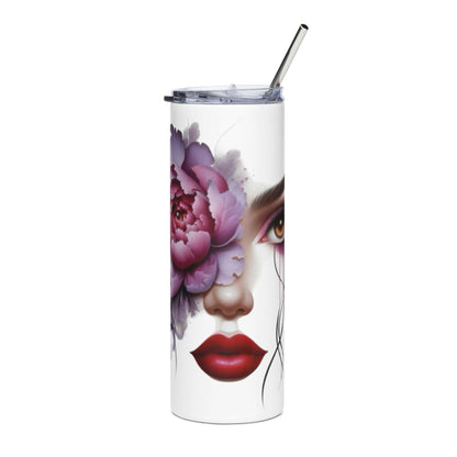 Stainless Steel Tumbler met vrouwelijk gezichtsontwerp en bloemmotief, 600 ml, dubbelwandig, BPA-vrij deksel en rietje, ideaal voor warme en koude dranken.