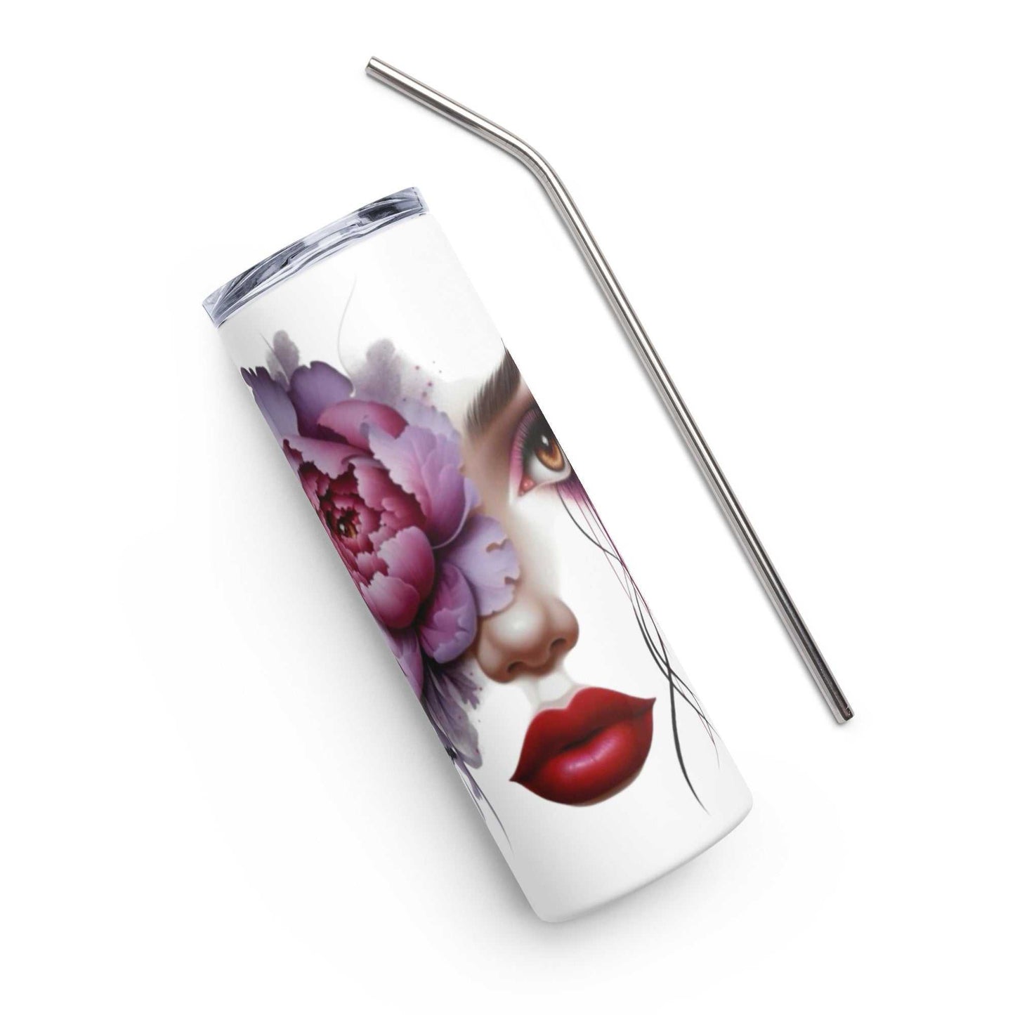 Stainless Steel Tumbler met bloemen gezicht design en roestvrijstalen rietje, 600 ml, dubbelwandig geïsoleerd, elegant en duurzaam.