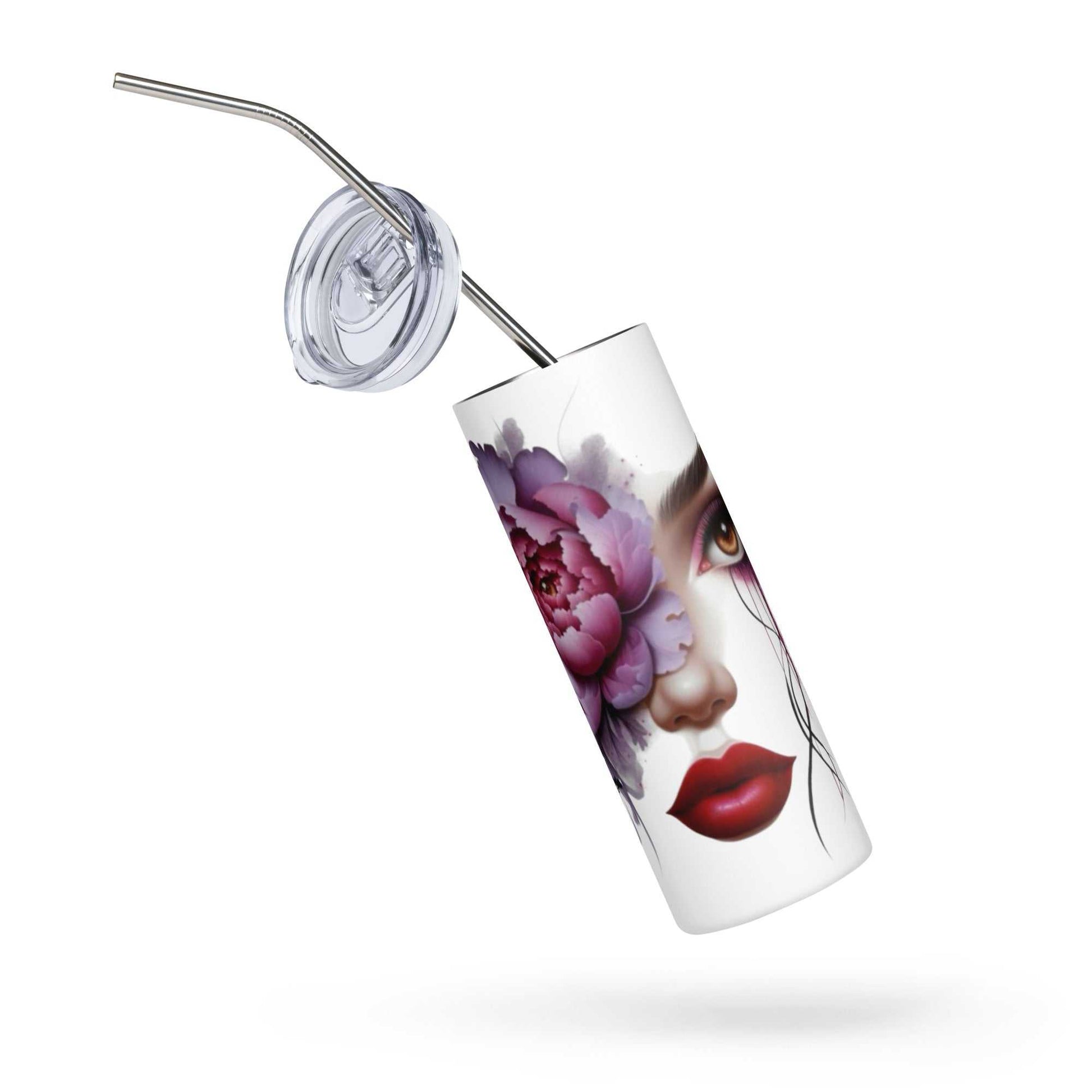 Stainless Steel Tumbler met bloemen gezicht design en rietje, dubbelwandig geïsoleerd, 600ml, elegant en duurzaam voor warme en koude dranken