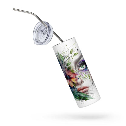Witte stainless steel tumbler met kleurrijk bloemen- en vrouwengezicht design en rietje