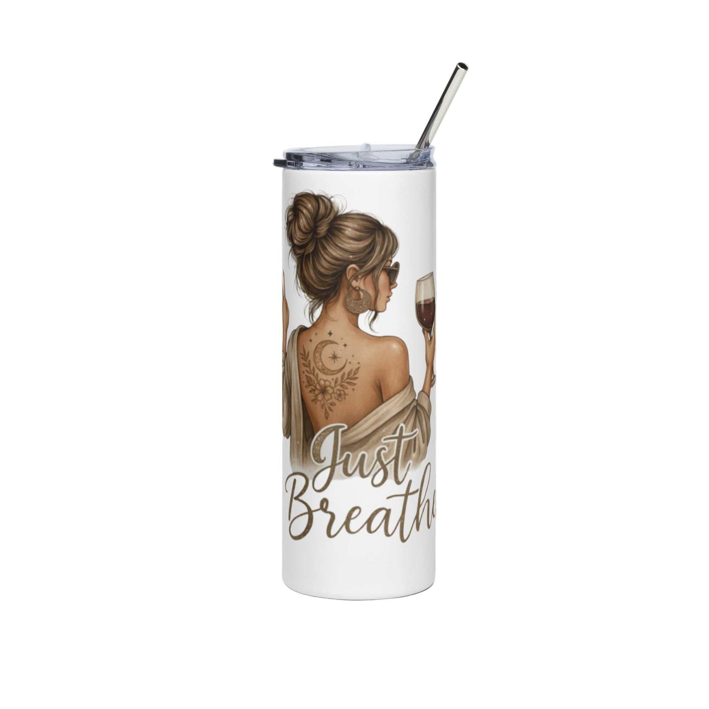 White stainless steel tumbler with "Just Breathe" script and illustration of a woman holding a drink, featuring a clear lid and metal straw.