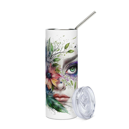 20oz stainless steel tumbler with wild bloom face art, insulated, reusable with clear lid and metal straw