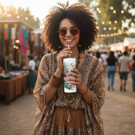 Woman smiling outdoors holding Stainless Steel Tumbler 20oz with wild bloom floral art and reusable straw