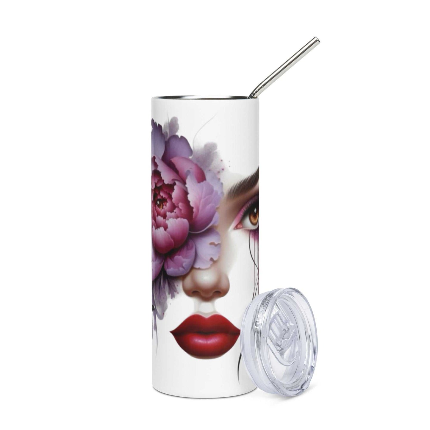 20oz stainless steel tumbler with floral face art and reusable straw for hot and cold drinks