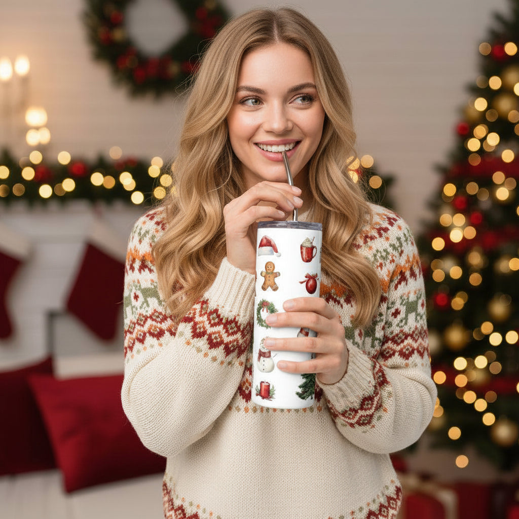 Woman holding festive Christmas icon stainless steel tumbler with straw in holiday setting