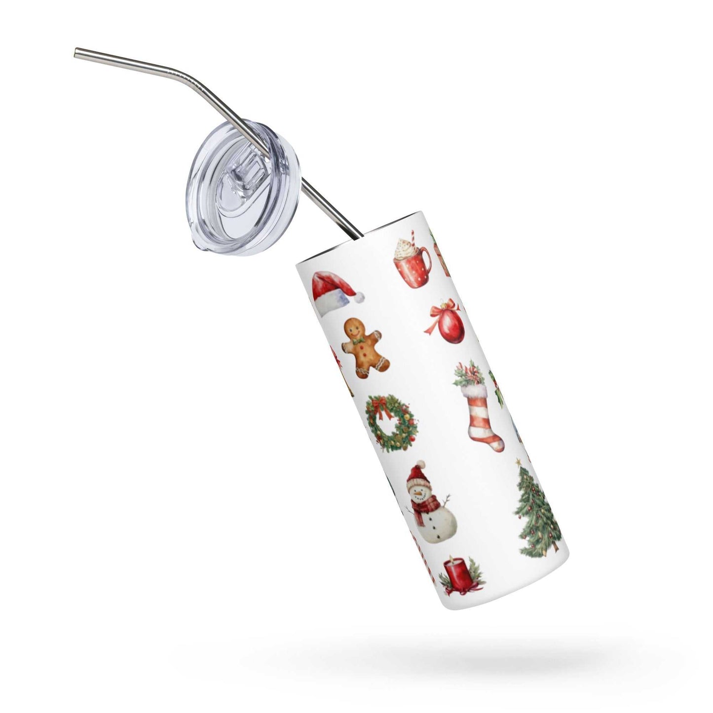 20oz stainless steel tumbler with colorful Christmas icons, reusable insulated cup with lid and straw for hot or cold drinks