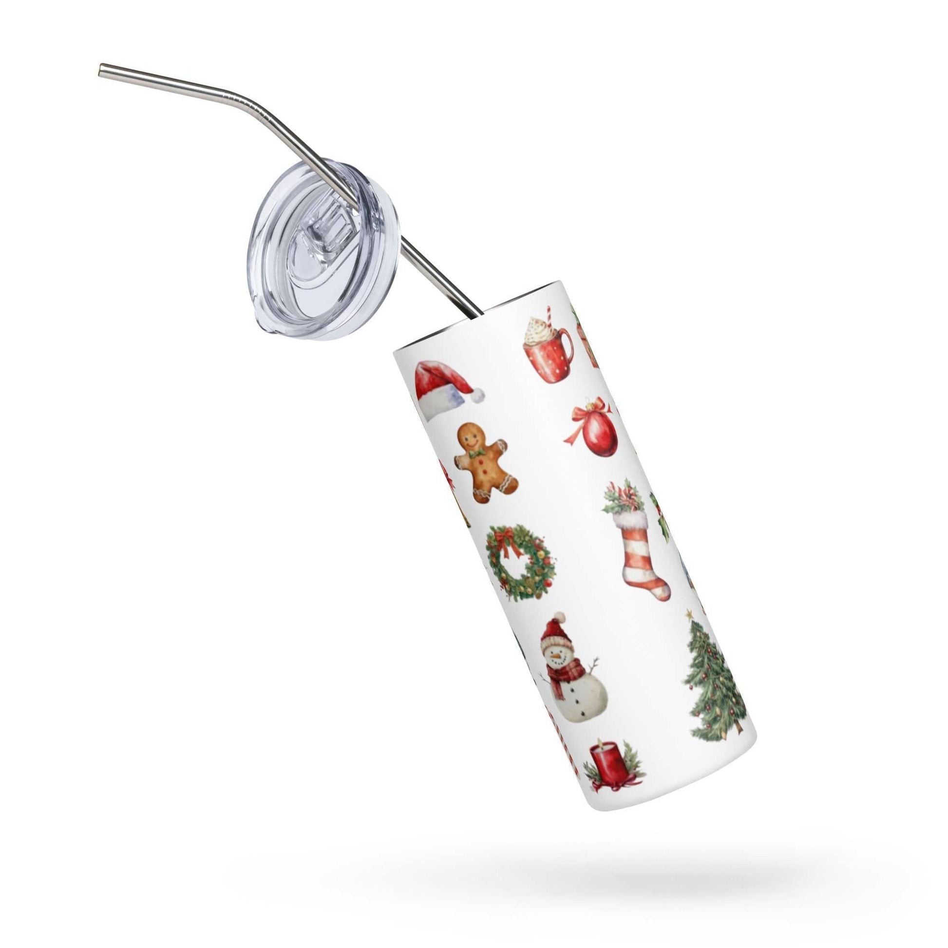 20oz stainless steel tumbler with colorful Christmas icons, reusable insulated cup with lid and straw for hot or cold drinks