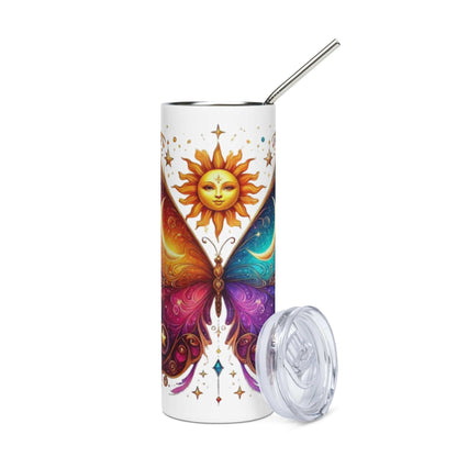 20 oz stainless steel tumbler with sun and moon energy design, butterfly art, double-wall insulation, lid and metal straw included