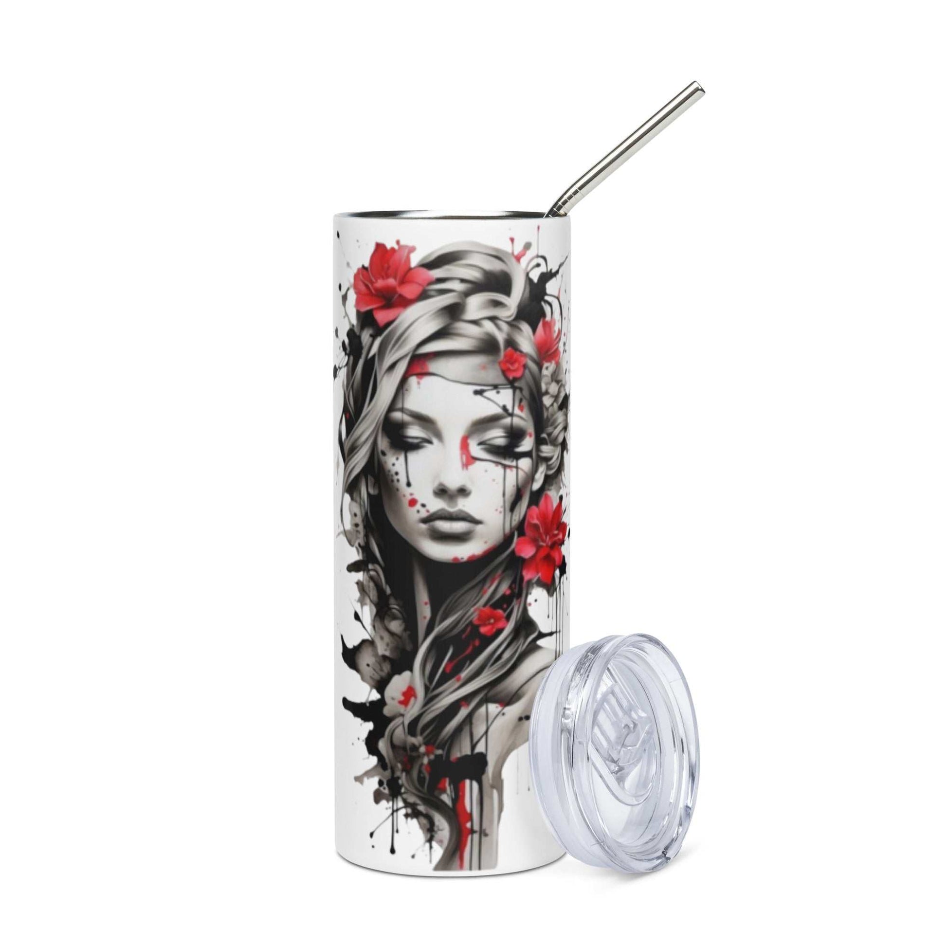 Stainless steel tumbler with mystical feminine face and red floral design, includes clear lid and metal straw, 20oz capacity.