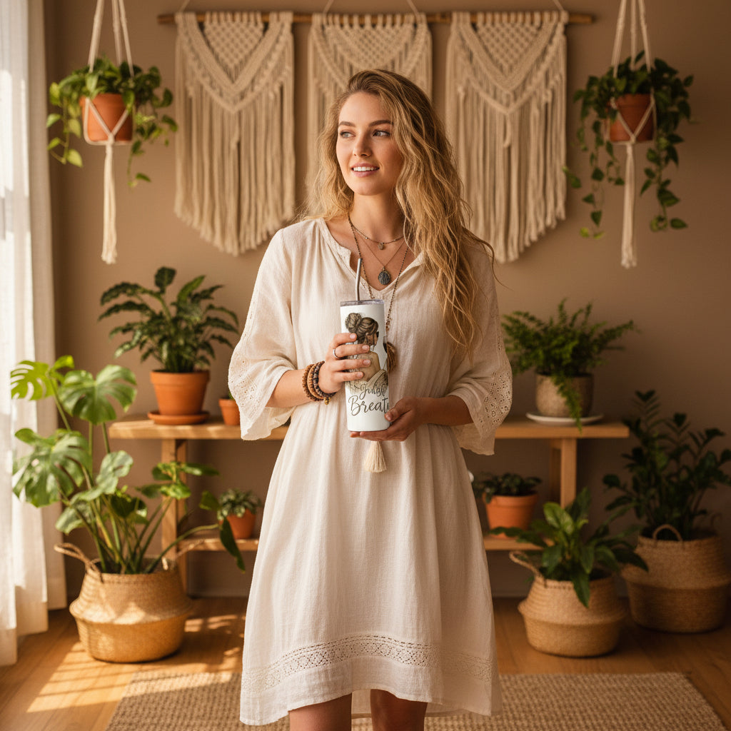 Woman holding Stainless Steel Tumbler Just Breathe with straw, urban background, stylish and smiling