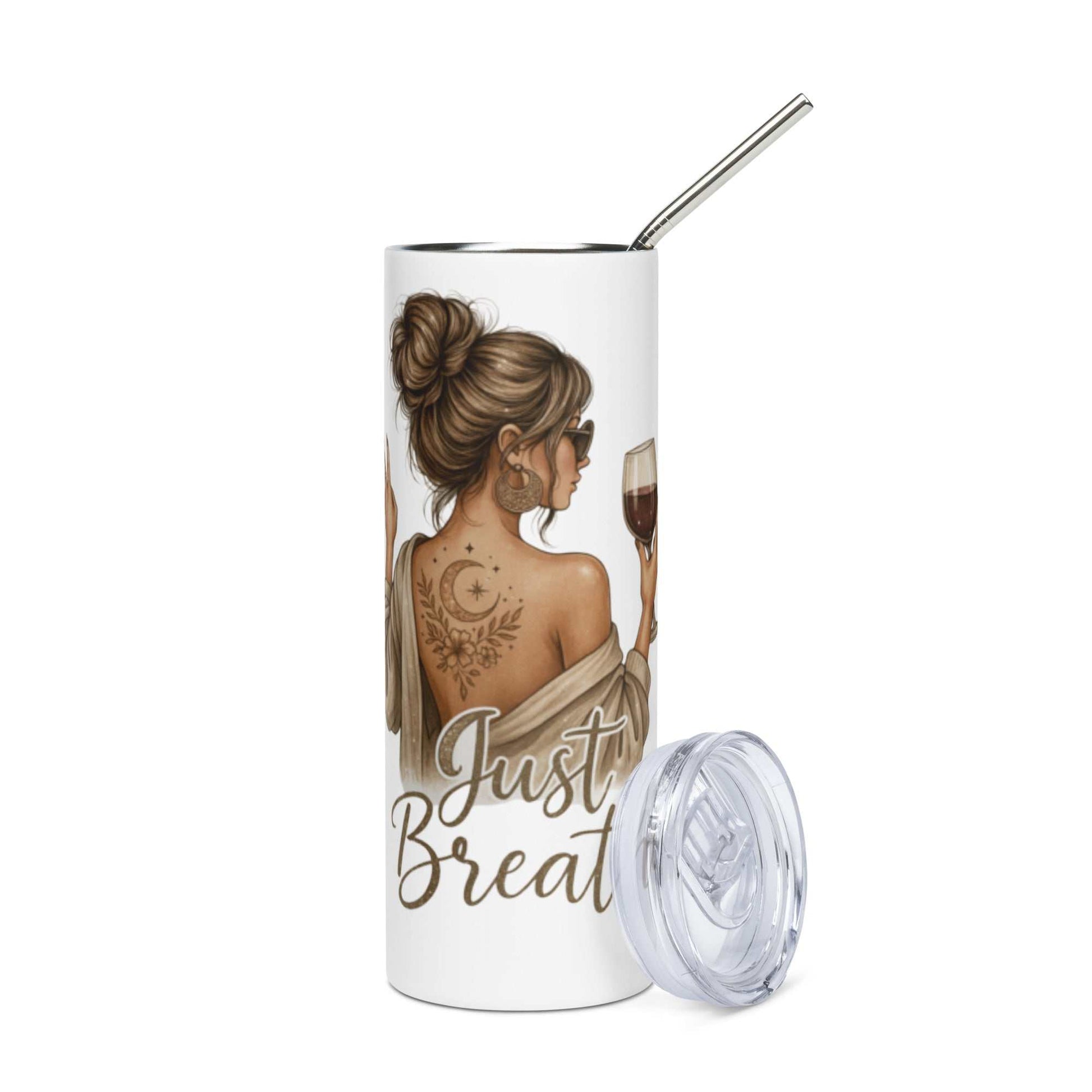 Stainless steel tumbler with "Just Breathe" script and spiritual woman illustration, includes lid and straw, keeps drinks hot or cold.