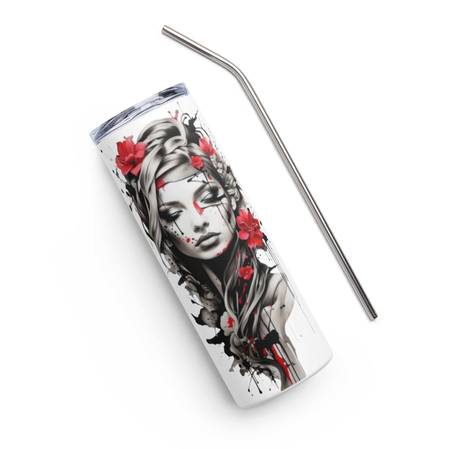 Stainless Steel Tumbler with artistic feminine face and crimson floral design, includes reusable straw and clear lid.