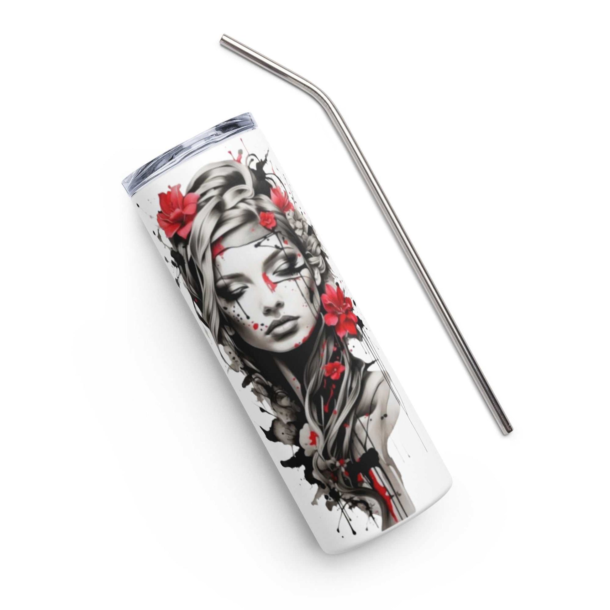 Stainless Steel Tumbler with artistic feminine face and crimson floral design, includes reusable straw and clear lid.