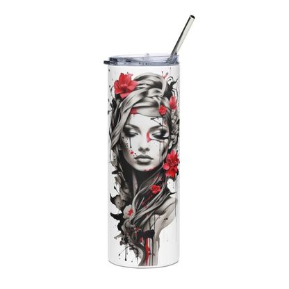 Stainless steel tumbler with mystical feminine artwork, double-wall insulation, lid, and straw, 20oz capacity