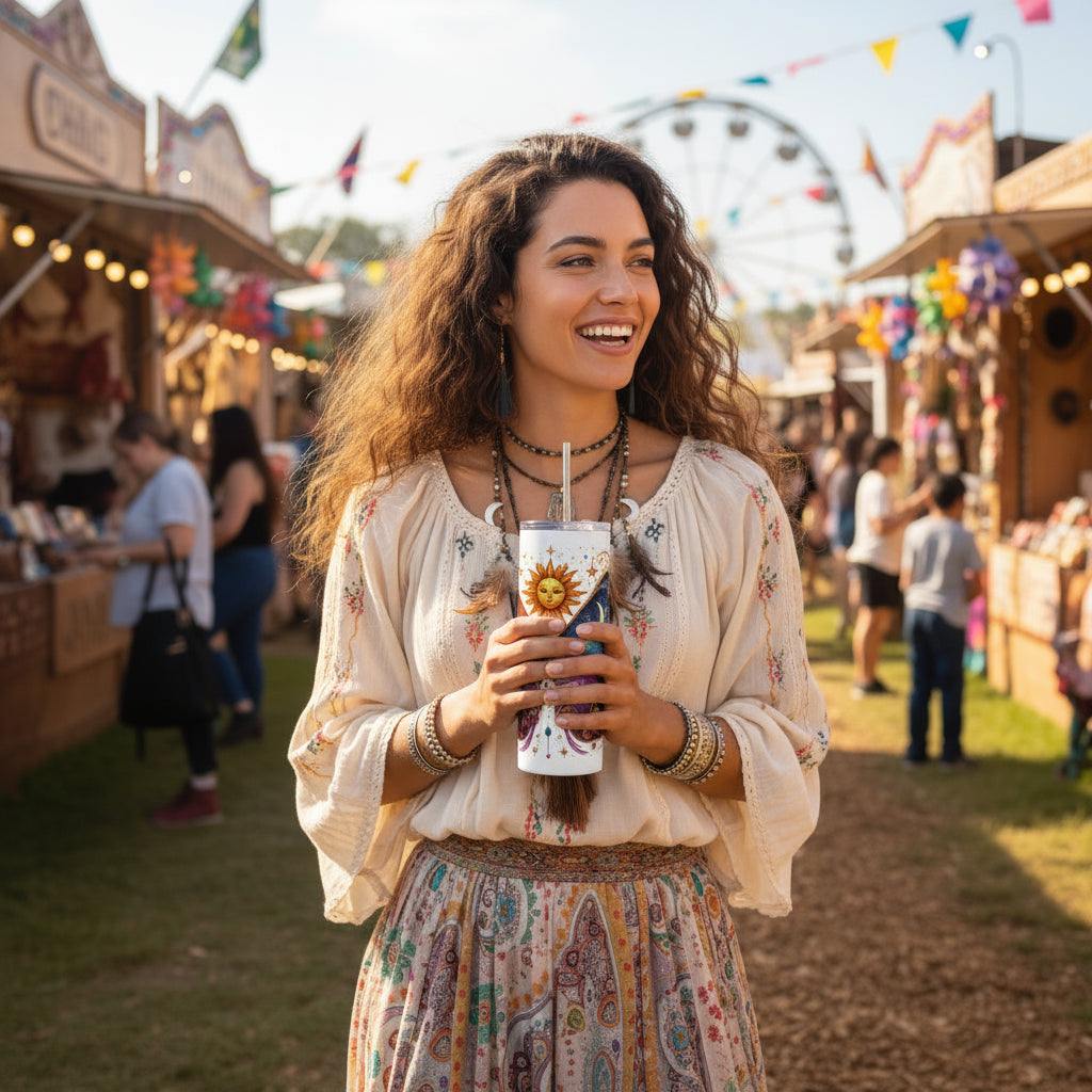 Woman holding stainless steel tumbler with sun and moon design at outdoor fair