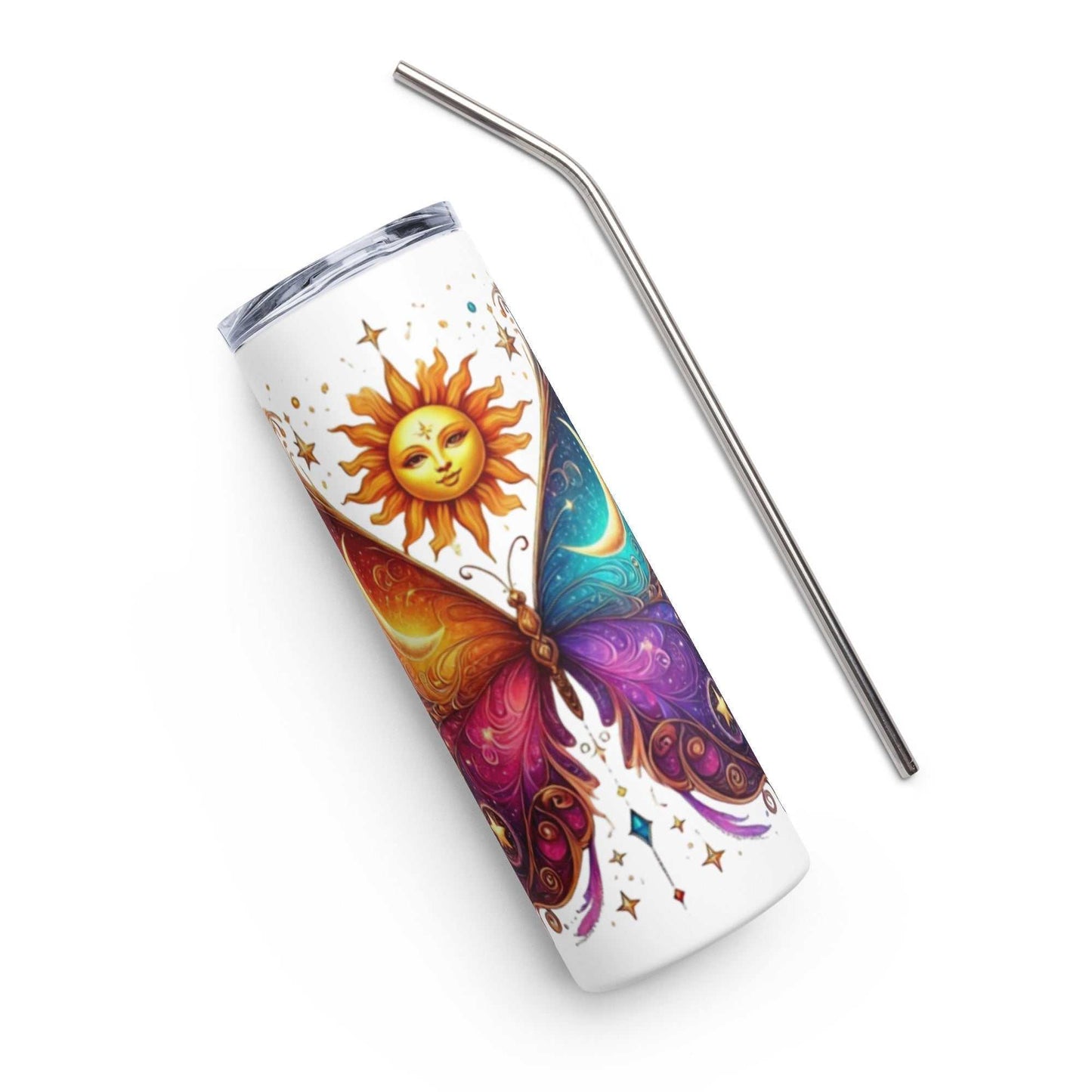 Stainless steel tumbler with sun and moon energy design and stainless steel straw