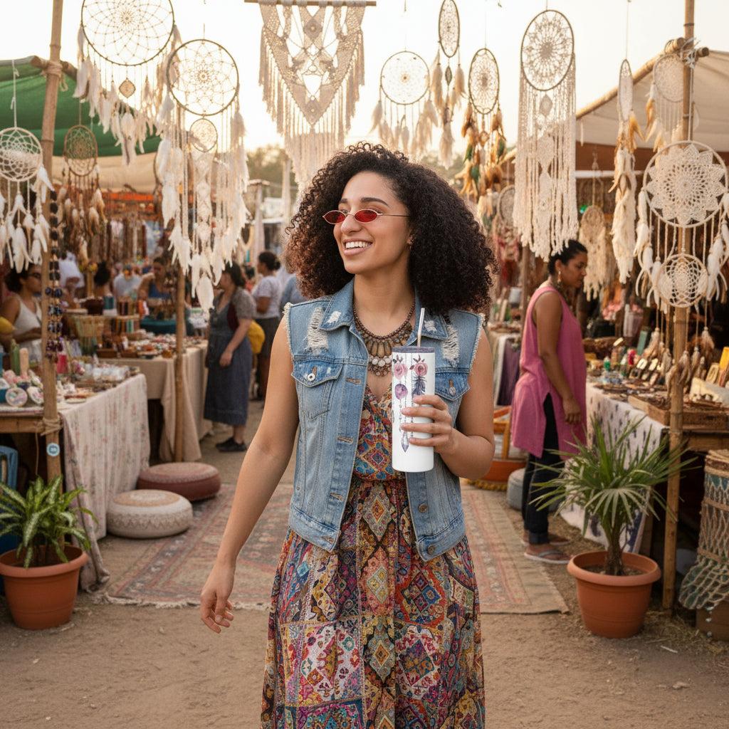 Woman holding stainless steel tumbler with dreamcatcher design at outdoor boho market