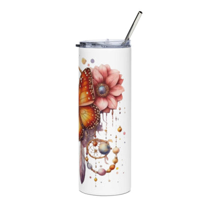 Stainless Steel Tumbler met boho vlinder en dromenvanger design, geïsoleerde drinkbeker van roestvrij staal, inclusief metalen rietje en deksel.