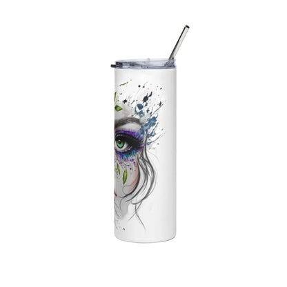 20oz Stainless Steel Tumbler with Wild Bloom floral face art, insulated, eco-friendly, with clear lid and reusable straw