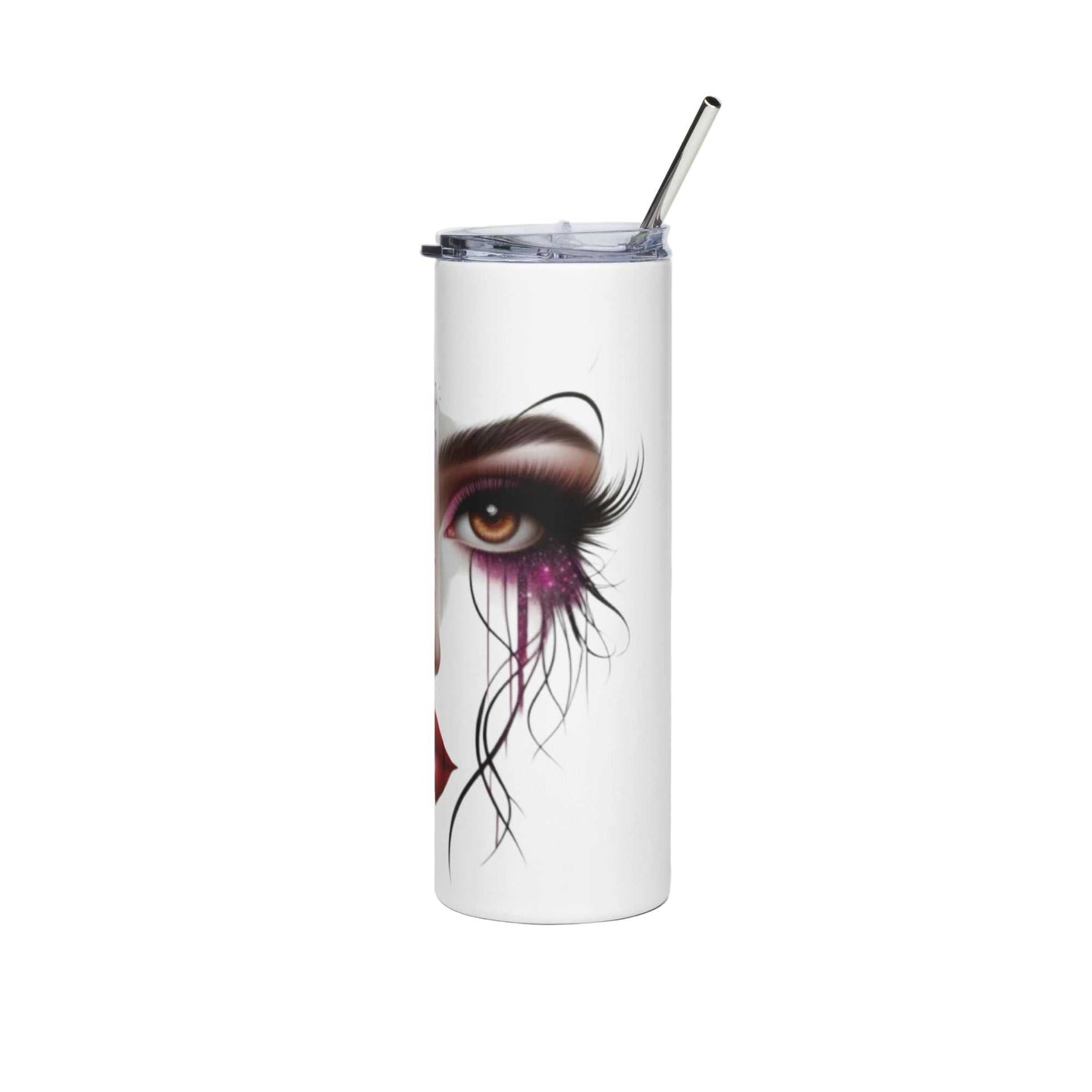 White 20oz stainless steel tumbler with floral face art and reusable straw