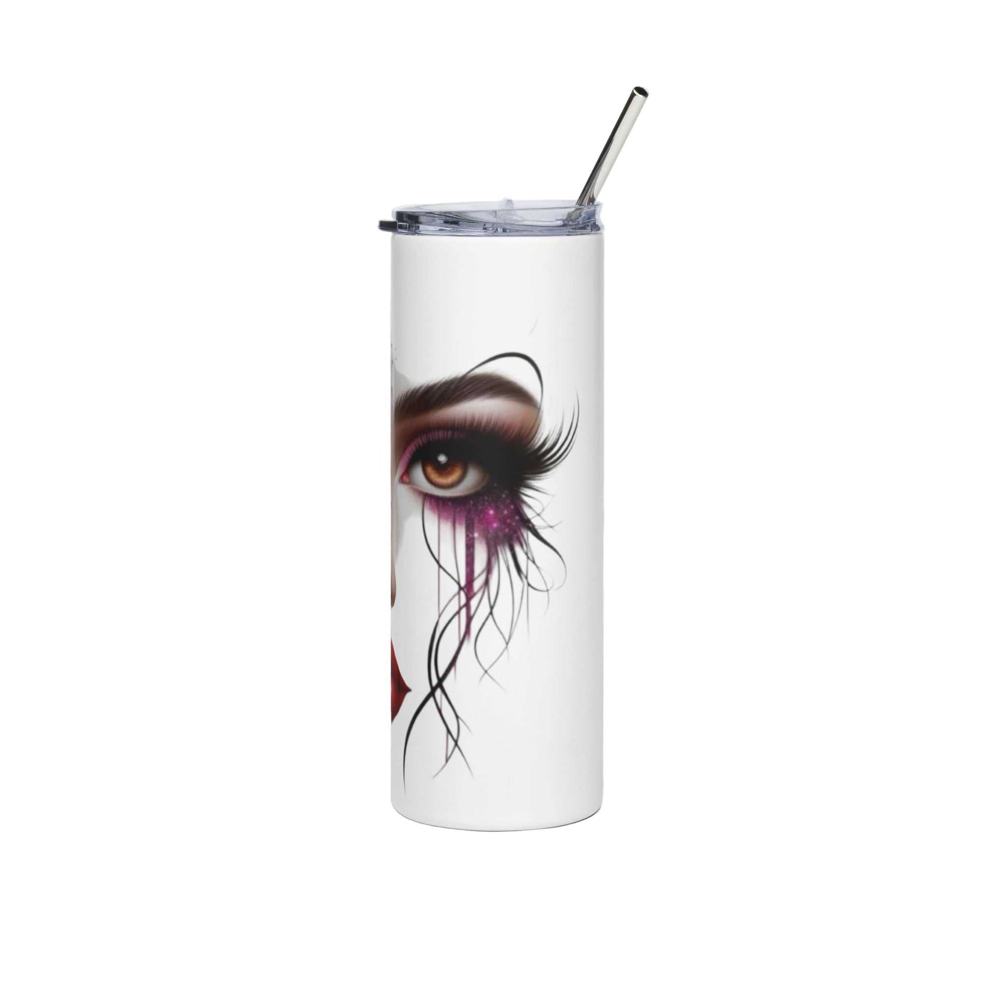 White 20oz stainless steel tumbler with floral face art and reusable straw