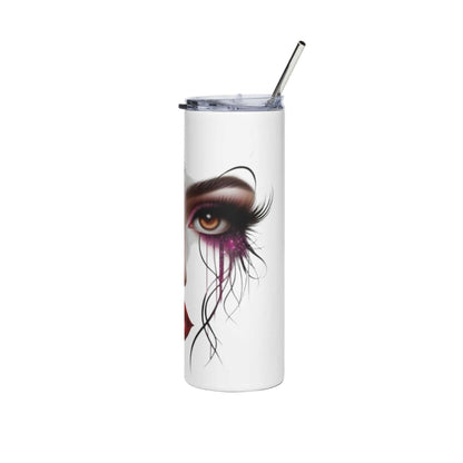 White 20oz stainless steel tumbler with floral face art and reusable straw