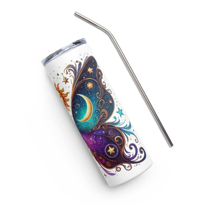White stainless steel tumbler with sun and moon celestial design and metal straw