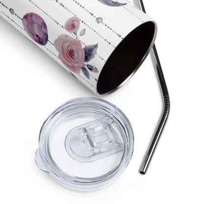 Stainless steel tumbler with dreamcatcher floral design, clear lid, and metal straw for hot and cold drinks