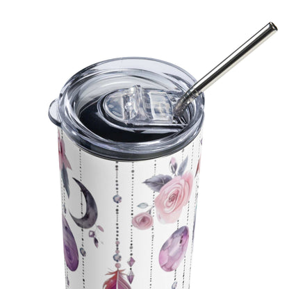 Stainless steel tumbler with dreamcatcher and floral design, clear lid, and reusable straw for hot and cold drinks.