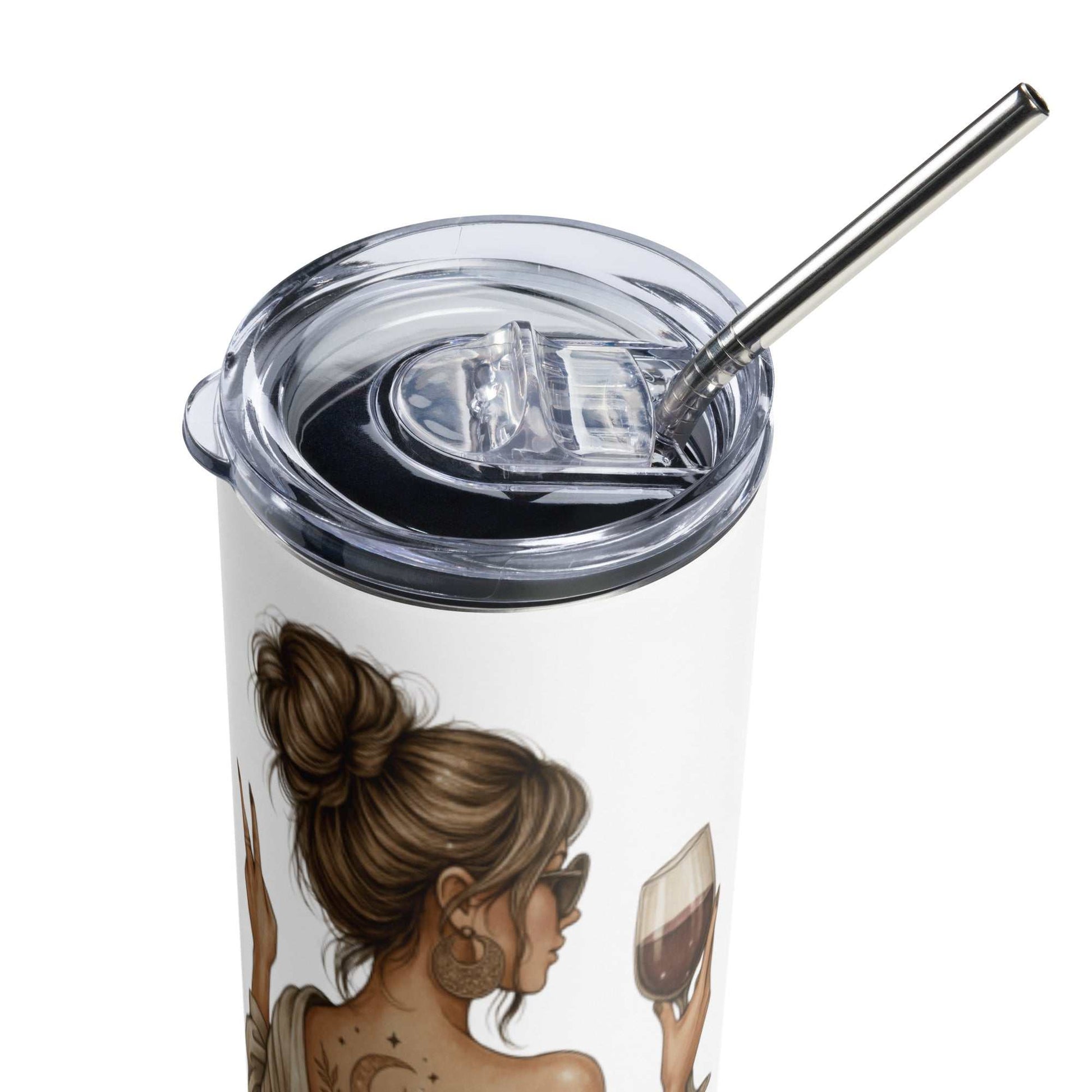 witte Stainless Steel Tumbler met illustratie van vrouw en transparant deksel met metalen rietje