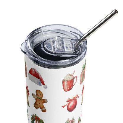 20oz stainless steel tumbler with Christmas icons pattern, clear lid, and metal straw for hot or cold drinks.