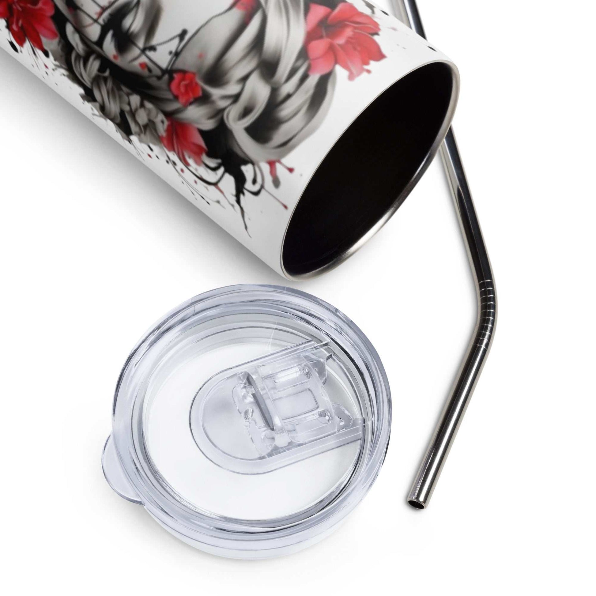 Stainless steel tumbler with mystical feminine artwork, clear lid, and metal straw