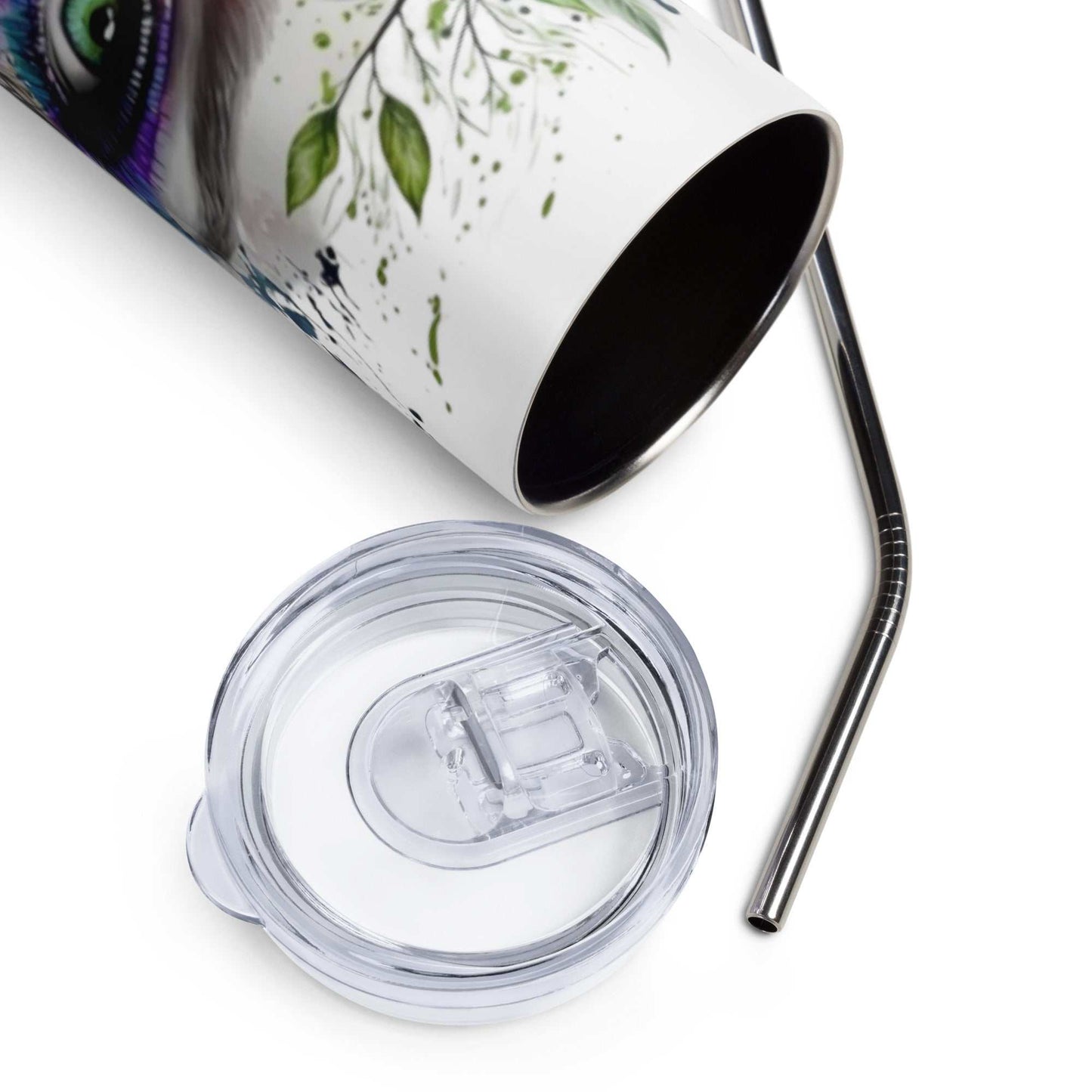 Close-up of stainless steel tumbler with wild bloom face art, clear BPA-free lid, and reusable metal straw.