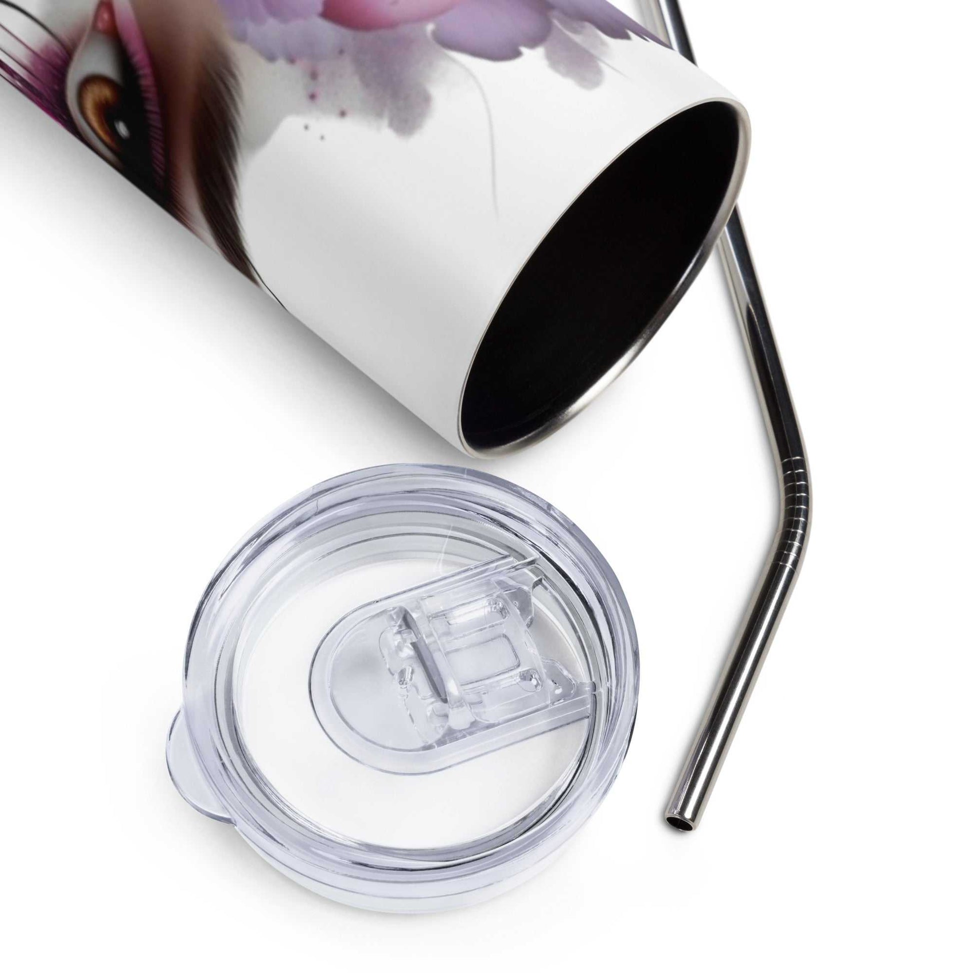 Stainless Steel Tumbler with floral face art, clear lid, and metal straw close-up view