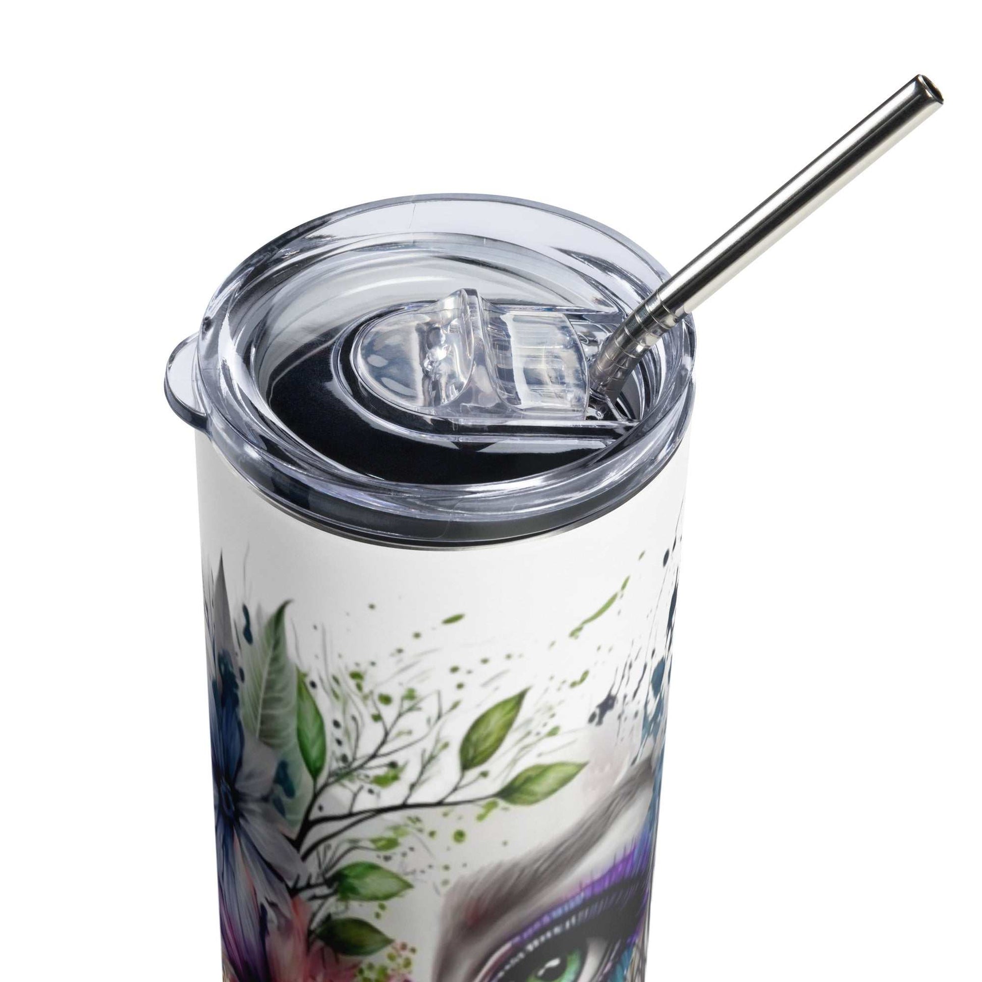 20oz Stainless Steel Tumbler with Wild Bloom floral face art, double-wall insulated, clear lid, and metal straw
