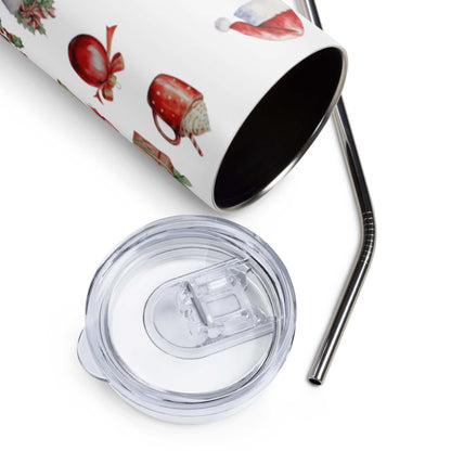 20oz stainless steel tumbler with Christmas icons pattern, clear lid, and metal straw