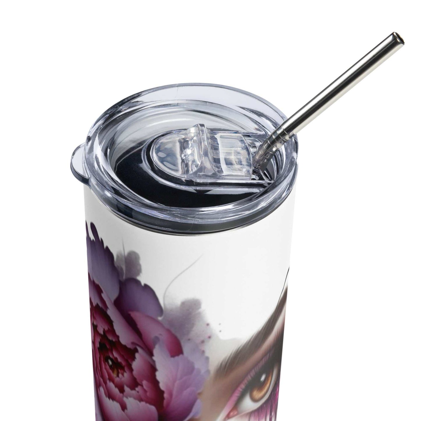 20oz stainless steel tumbler with floral face art, clear lid, and metal straw
