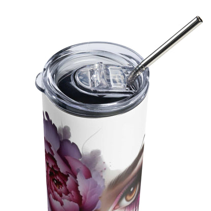 20oz stainless steel tumbler with floral face art, clear lid, and metal straw