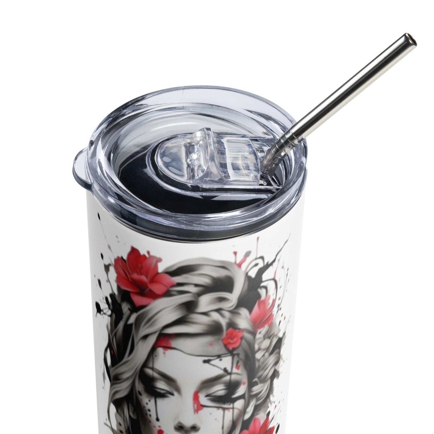 Stainless Steel Tumbler with mystical feminine artwork, clear lid, and reusable straw for hot or cold beverages.
