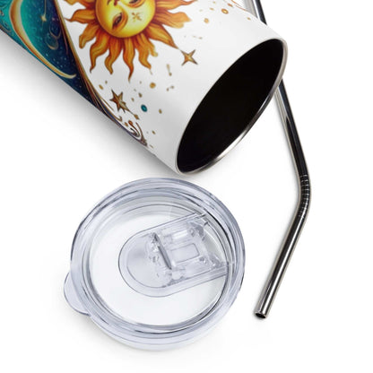 Stainless steel tumbler with sun and moon design, clear lid, and metal straw for hot and cold drinks.